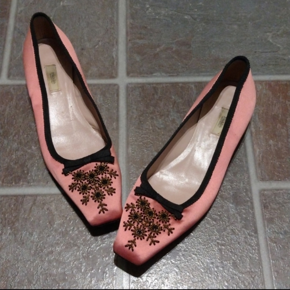PRADA Ballerina RoseSilk Leather Bows Beads Sequins Square Toe kitten heel 37 - Picture 2 of 9